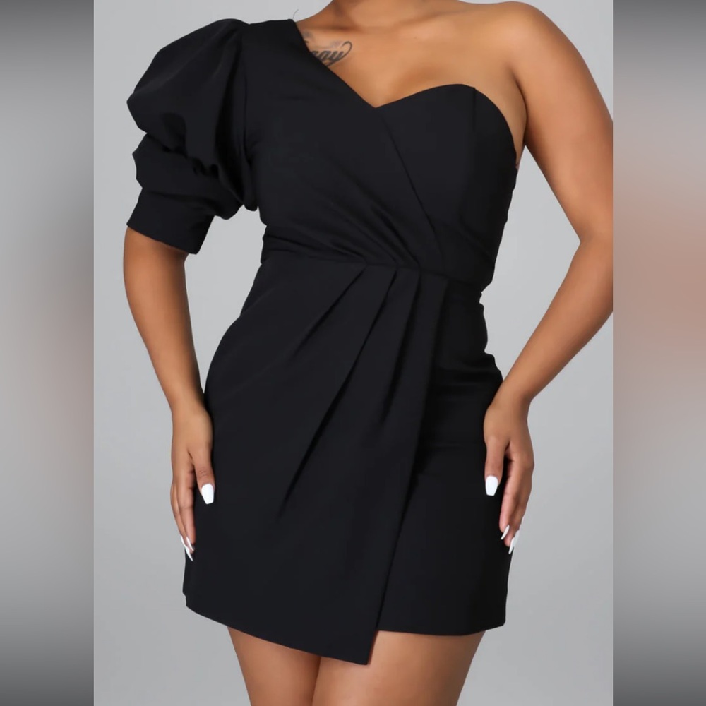 Black Puff Sleeve Cocktail Mini Dress